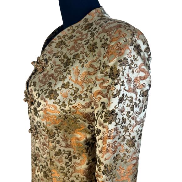 Vintage Gold Dragon Brocade Mandarin Jacket XS Longline Asian Inspired Blazer - Picture 6 of 16